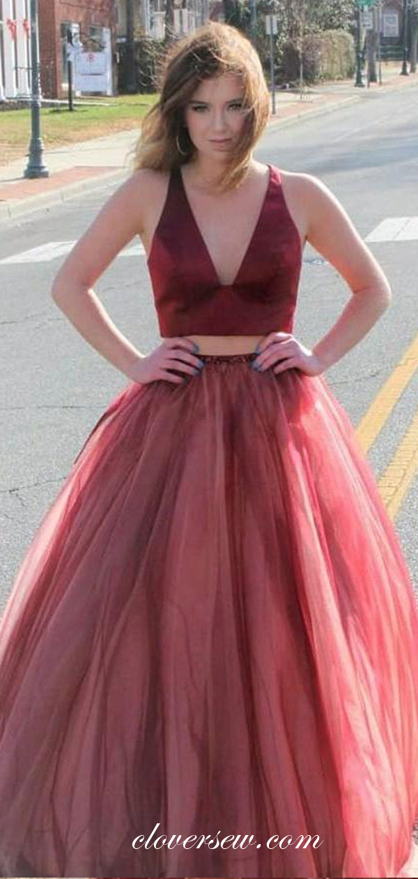 Two Piece Burgundy Satin Tulle A-line Prom Dresses, CP0114