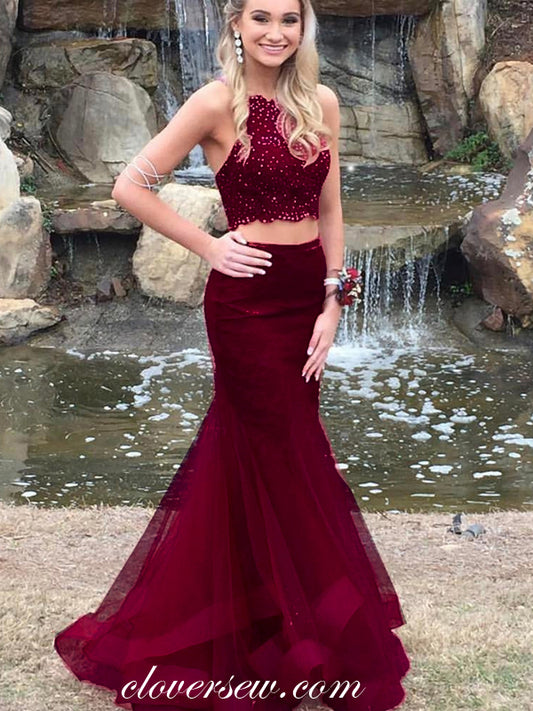 Two Piece Burgundy Tulle Beaded Lace Top Mermaid Prom Dresses , CP0055