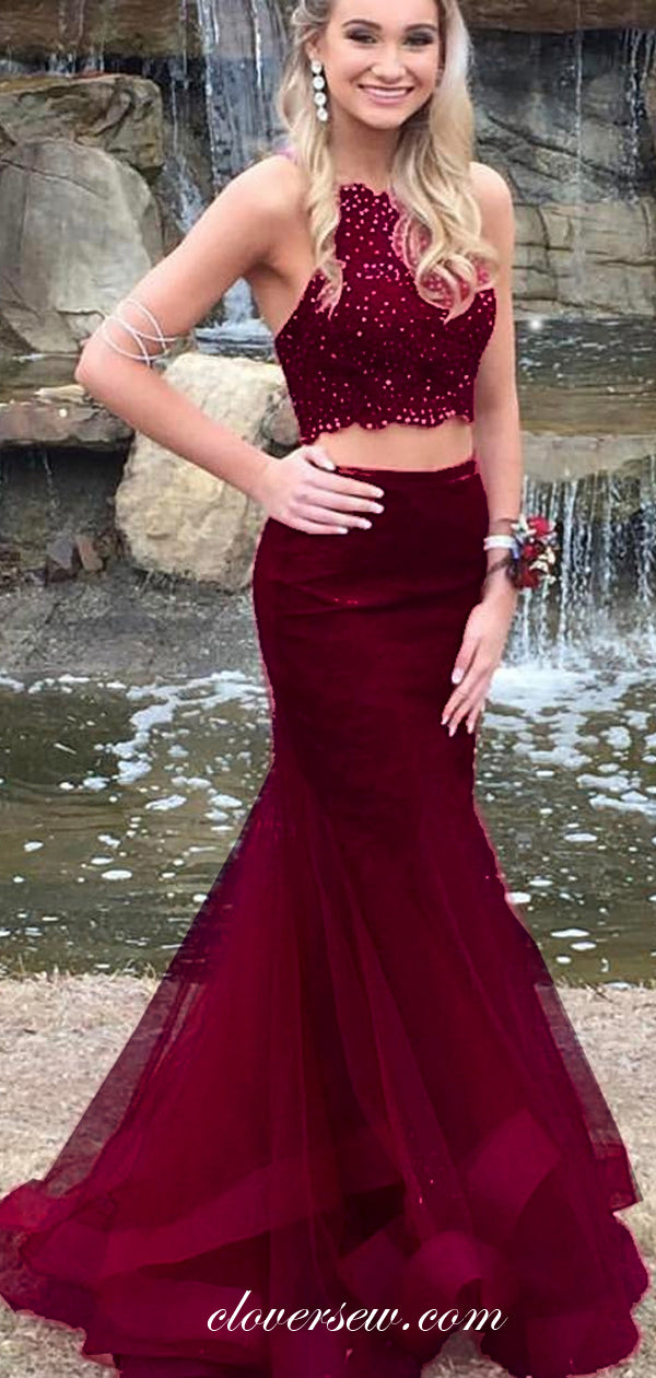 Two Piece Burgundy Tulle Beaded Lace Top Mermaid Prom Dresses , CP0055