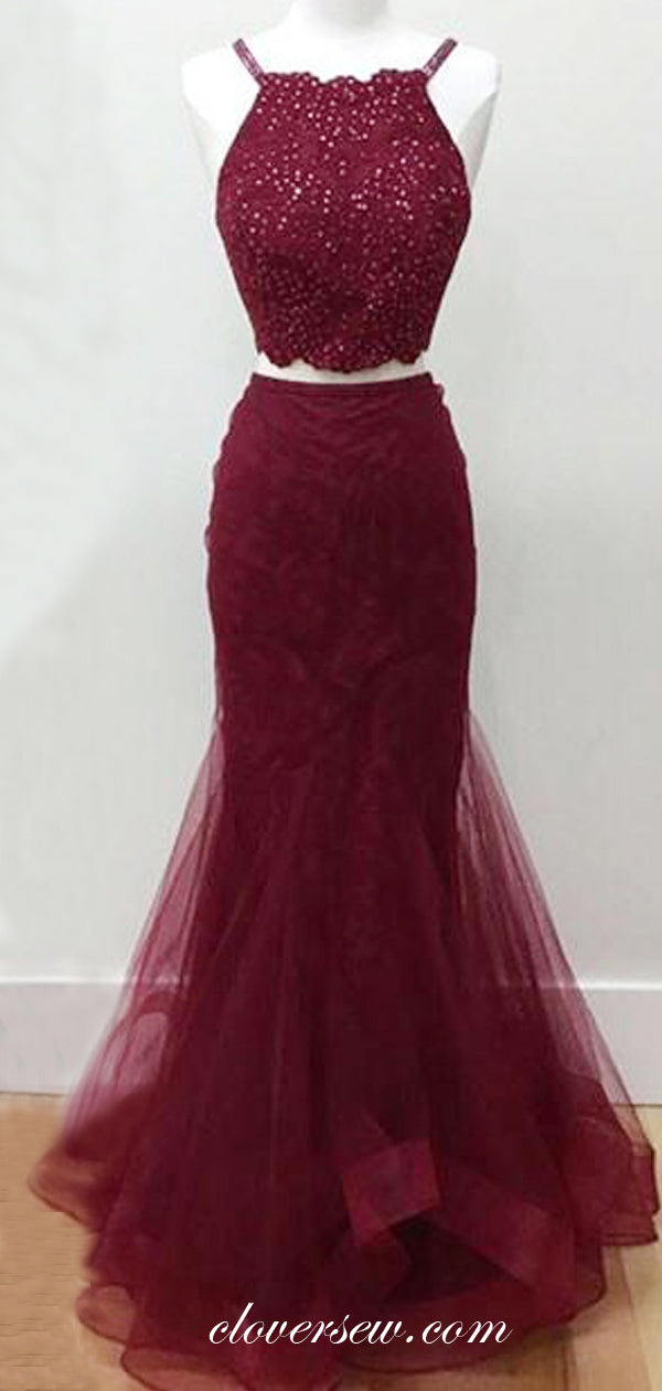 Two Piece Burgundy Tulle Beaded Lace Top Mermaid Prom Dresses , CP0055