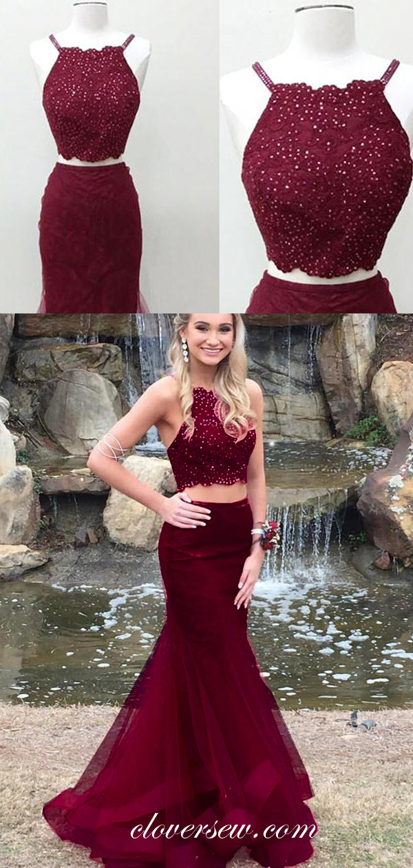 Two Piece Burgundy Tulle Beaded Lace Top Mermaid Prom Dresses , CP0055 Custom Size(Leaving A note) / Custom Color(Leaving A note) Two Piece Burgundy Tulle Beaded Lace Top Mermaid Prom Dresses , CP0055 Custom Size(Leaving A note) / Custom Color(Leaving A note)