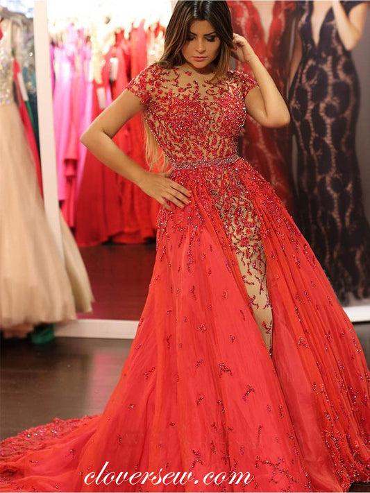 Two Piece Detachable Red Bead Short Sleeves Prom Dresses, CP0046