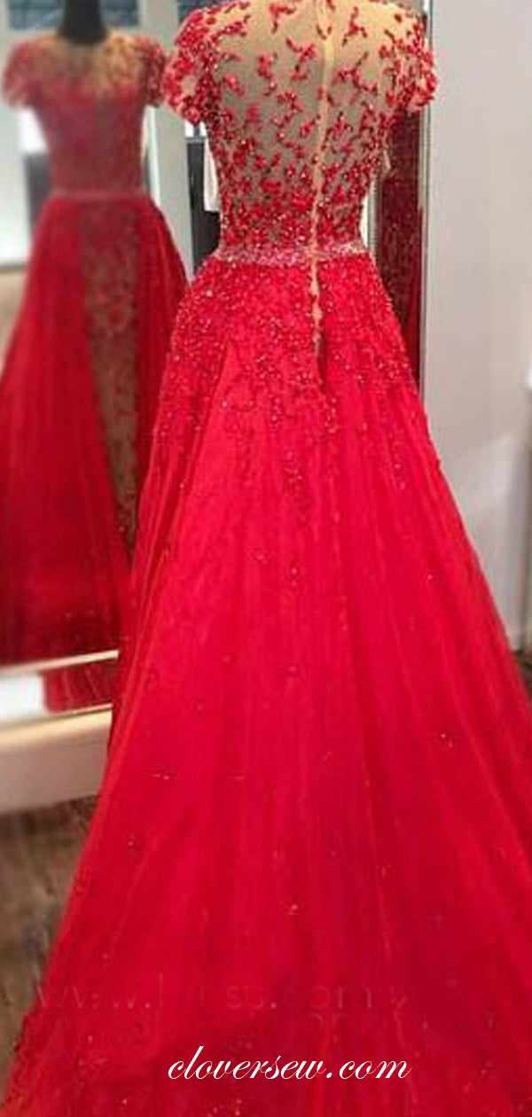 Two Piece Detachable Red Bead Short Sleeves Prom Dresses, CP0046