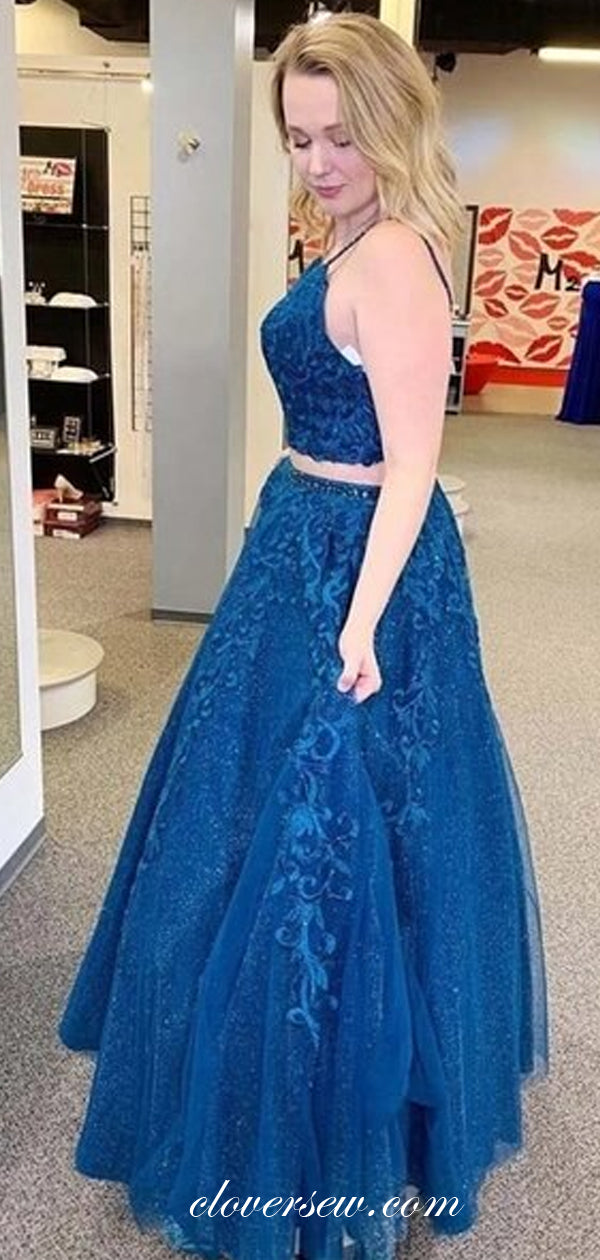 Two Piece Lace Applique Spaghetti Strap A-line Prom Dresses,CP0396