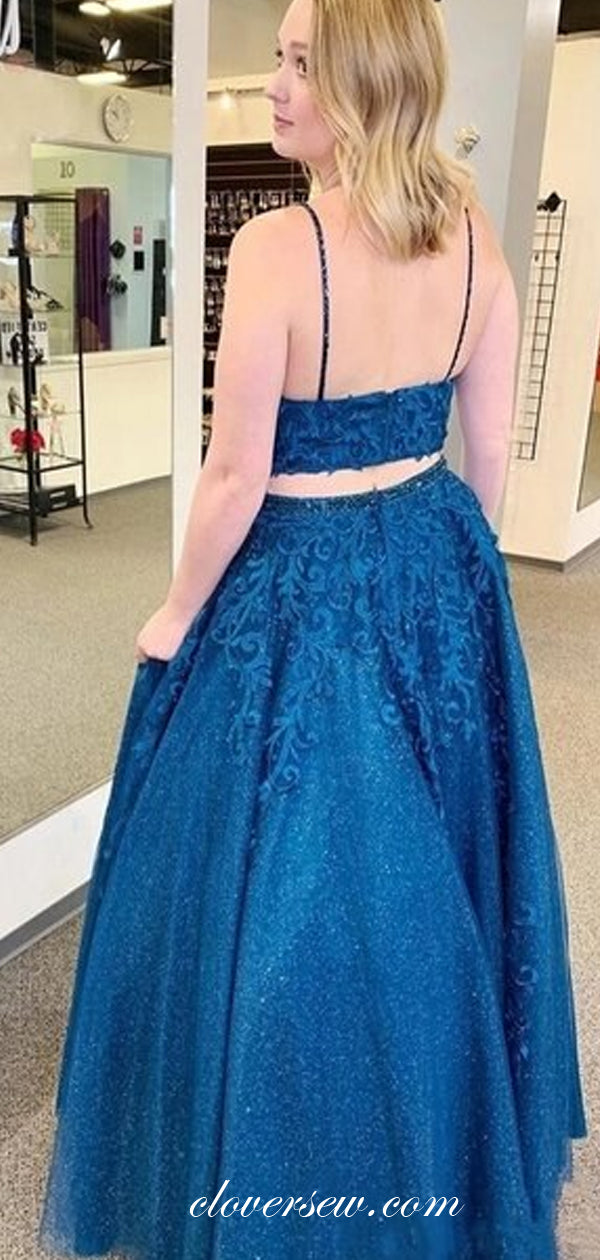 Two Piece Lace Applique Spaghetti Strap A-line Prom Dresses,CP0396