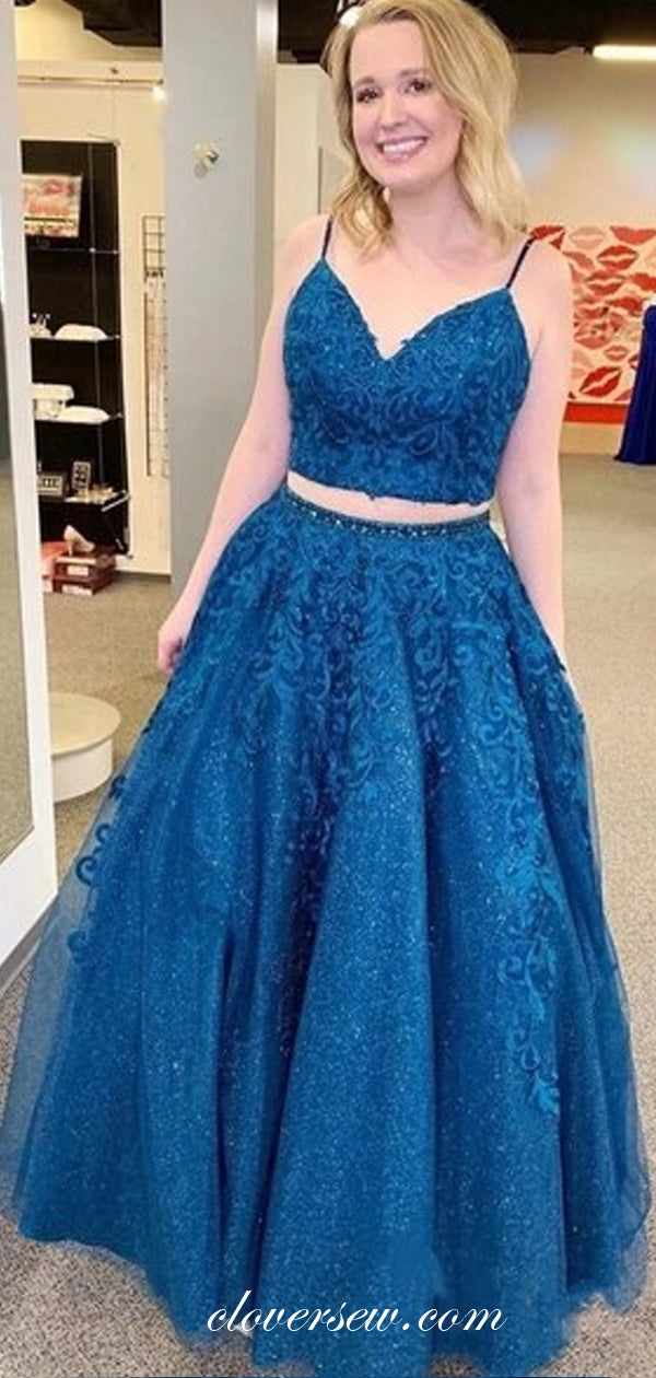 Two Piece Lace Applique Spaghetti Strap A-line Prom Dresses,CP0396