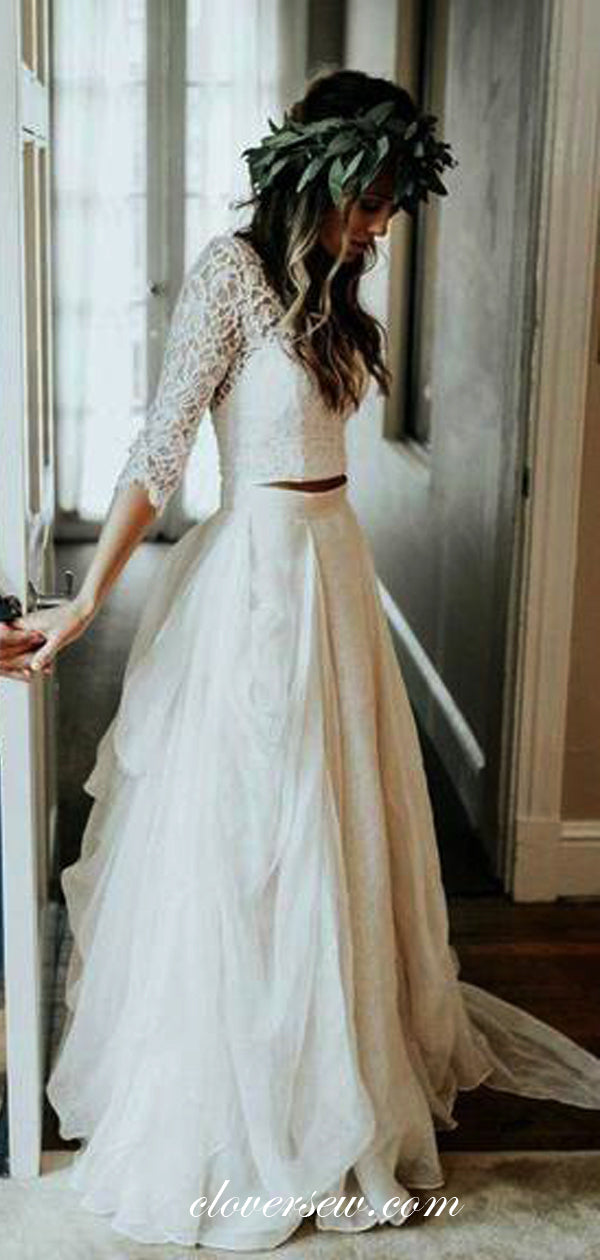 Two Piece Lace Chiffon Half Sleeves A-line Wedding Dresses,CW0092