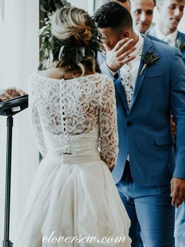 Two Piece Lace Chiffon Half Sleeves A-line Wedding Dresses,CW0092