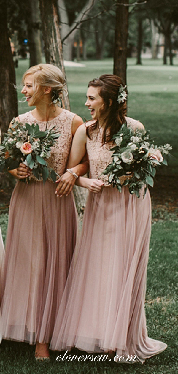 Two Piece Pink Lace Tulle A-line Bridesmaid Dresses, CB0085