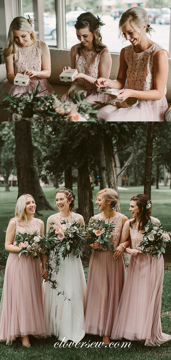 Two Piece Pink Lace Tulle A-line Bridesmaid Dresses, CB0085