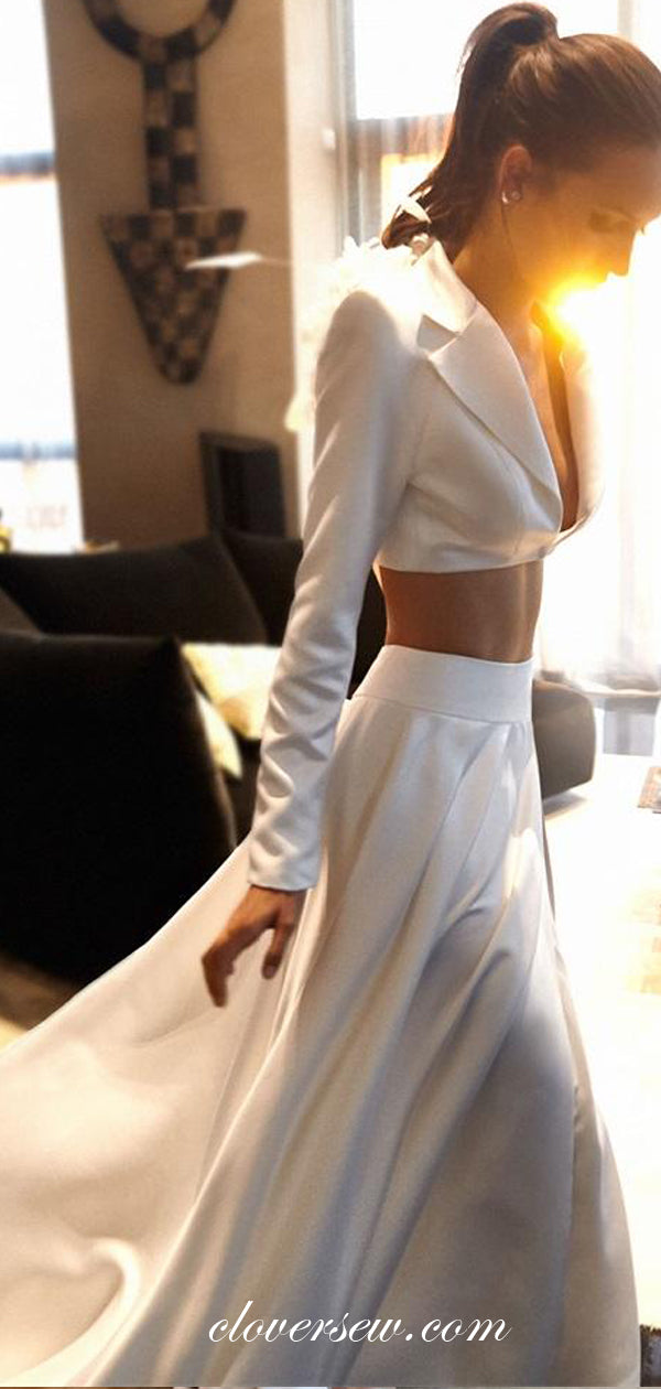 Two Piece Satin Long Sleeves A-line Wedding Dresses ,CW0087
