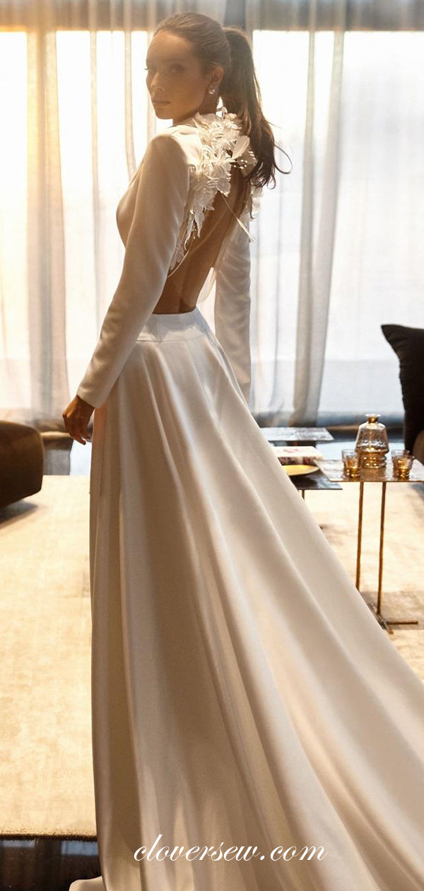 Two Piece Satin Long Sleeves A-line Wedding Dresses ,CW0087