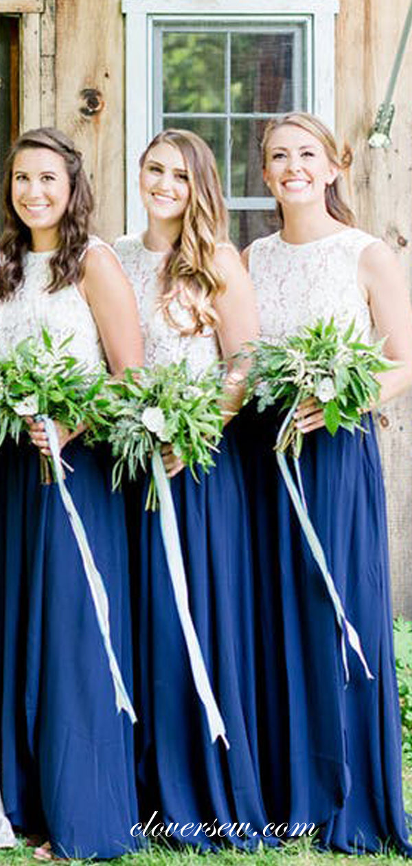 Two Piece White Lace Royal Blue Chiffon Long Bridesmaid Dresses, CB0002