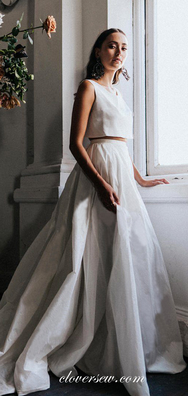 Two Piece White Satin A-line Side Slit Fashion Wedding Dresses , CW0029 US8 / Custom Color(leaving a note) Two Piece White Satin A-line Side Slit Fashion Wedding Dresses , CW0029 US8 / Custom Color(leaving a note)