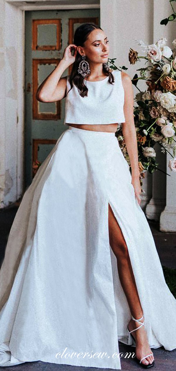 Two Piece White Satin A-line Side Slit Fashion Wedding Dresses , CW0029