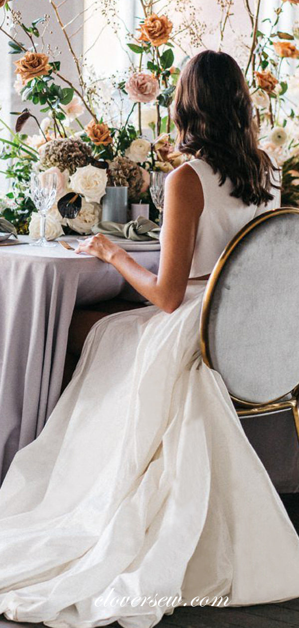 Two Piece White Satin A-line Side Slit Fashion Wedding Dresses , CW0029