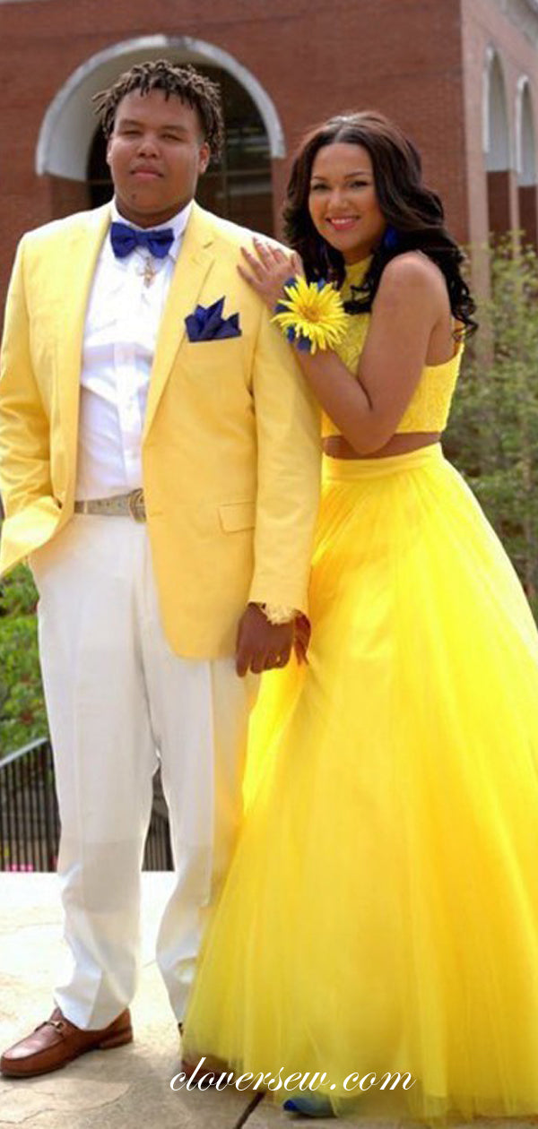 Two Piece Yellow Tulle Sleeveless A-line Prom Dresses, CP0072 clover sew Two Piece Yellow Tulle Sleeveless A-line Prom Dresses, CP0072 clover sew
