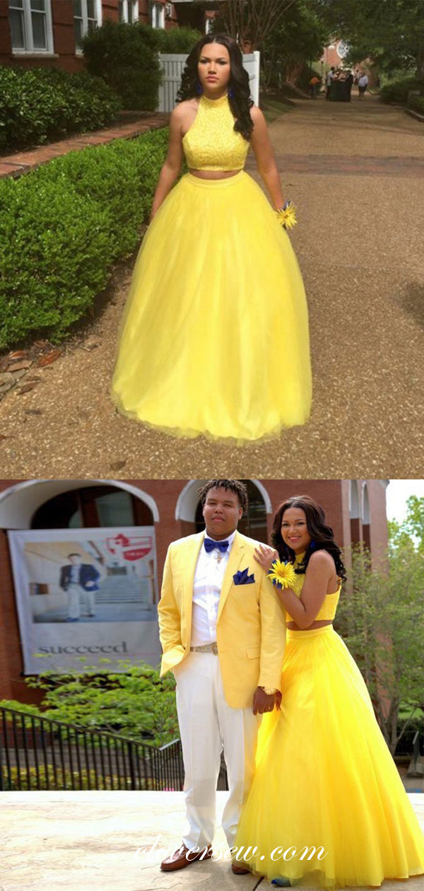 Two Piece Yellow Tulle Sleeveless A-line Prom Dresses, CP0072 clover sew Two Piece Yellow Tulle Sleeveless A-line Prom Dresses, CP0072 clover sew