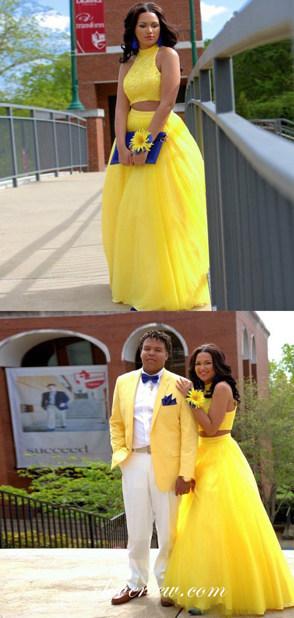 Two Piece Yellow Tulle Sleeveless A-line Prom Dresses, CP0072