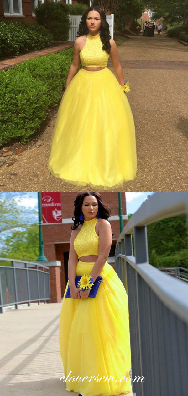 Two Piece Yellow Tulle Sleeveless A-line Prom Dresses, CP0072 clover sew Two Piece Yellow Tulle Sleeveless A-line Prom Dresses, CP0072 clover sew