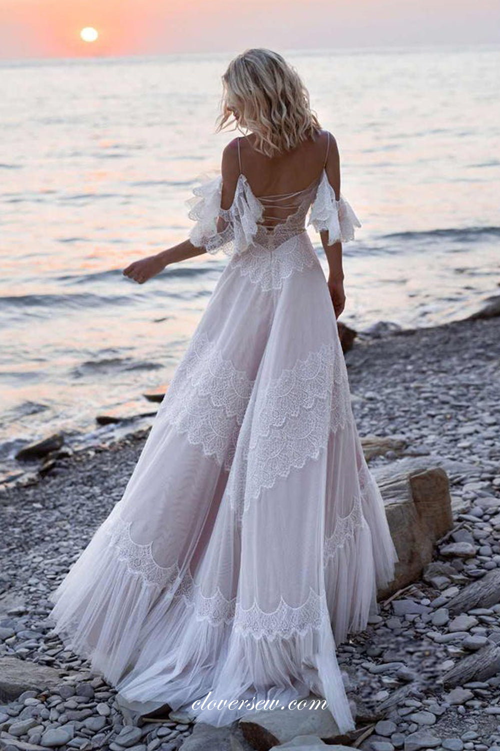 Unique Boho Lace Light Pink Off The Shoulder A-line Beach Wedding Dresses, CW0348