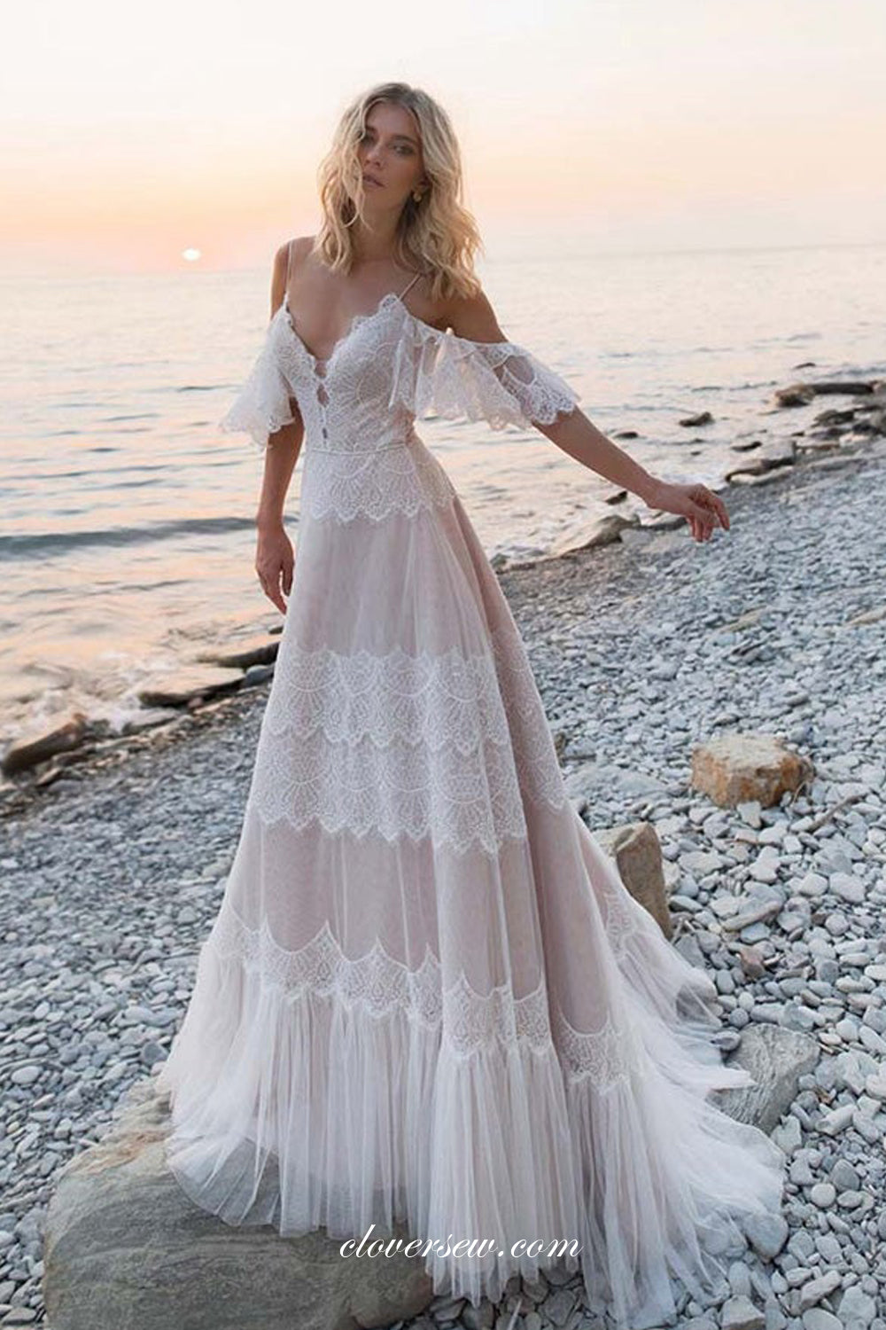 Unique Boho Lace Light Pink Off The Shoulder A-line Beach Wedding Dresses, CW0348