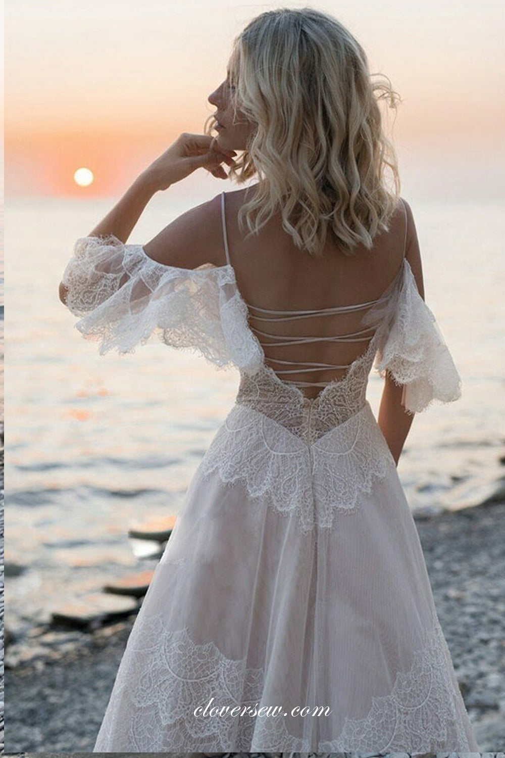 Unique Boho Lace Light Pink Off The Shoulder A-line Beach Wedding Dresses, CW0348