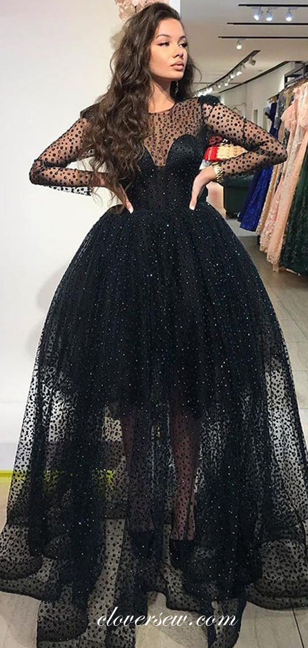 Unique Rhinestoned Tulle Black Long Sleeves Ball Gown Prom Dresses,CP0581 Unique Rhinestoned Tulle Black Long Sleeves Ball Gown Prom Dresses,CP0581