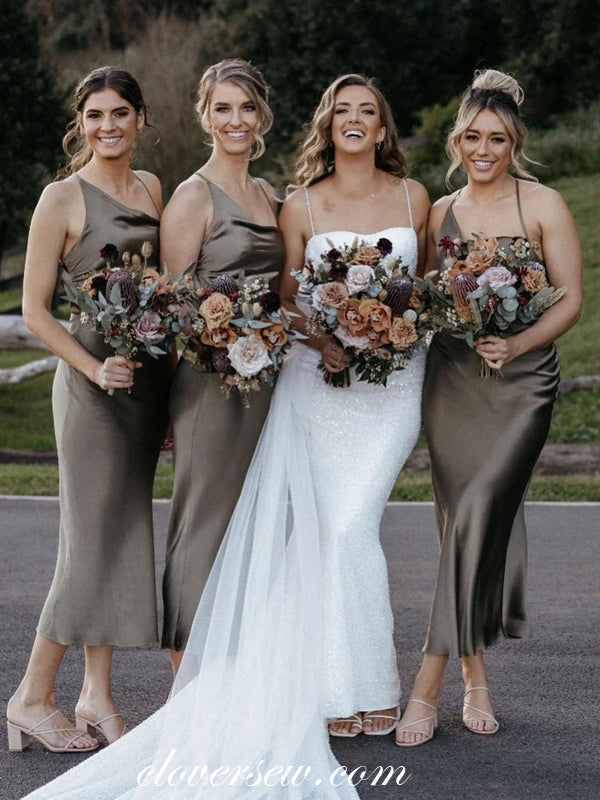 Unique Spaghetti Strap Sheath Tea Length Bridesmaid Dresses, CB0251