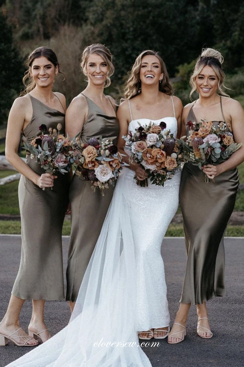 Unique Spaghetti Strap Sheath Tea Length Bridesmaid Dresses, CB0251