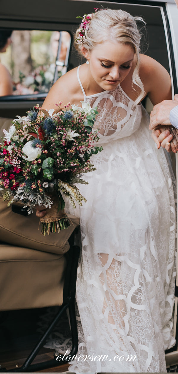 Unique Lace Spaghetti Strap A-line Boho Beach Wedding Dresses, CW0015