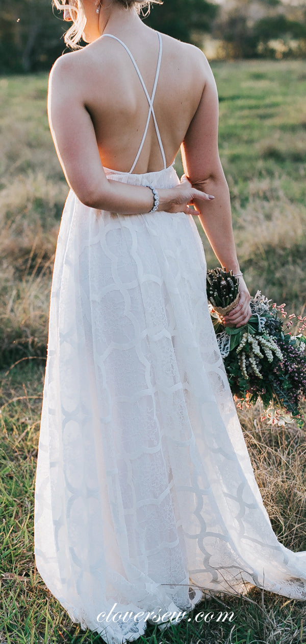 Unique Lace Spaghetti Strap A-line Boho Beach Wedding Dresses, CW0015