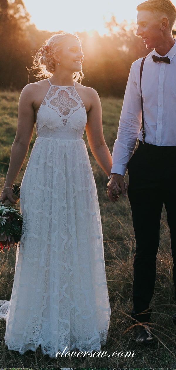 Unique Lace Spaghetti Strap A-line Boho Beach Wedding Dresses, CW0015