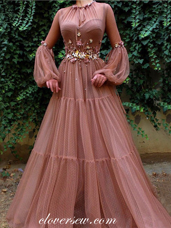 Unique Tulle Long Lantern Sleeves 3D Appliques A-line Prom Dresses,CP0151 Unique Tulle Long Lantern Sleeves 3D Appliques A-line Prom Dresses,CP0151
