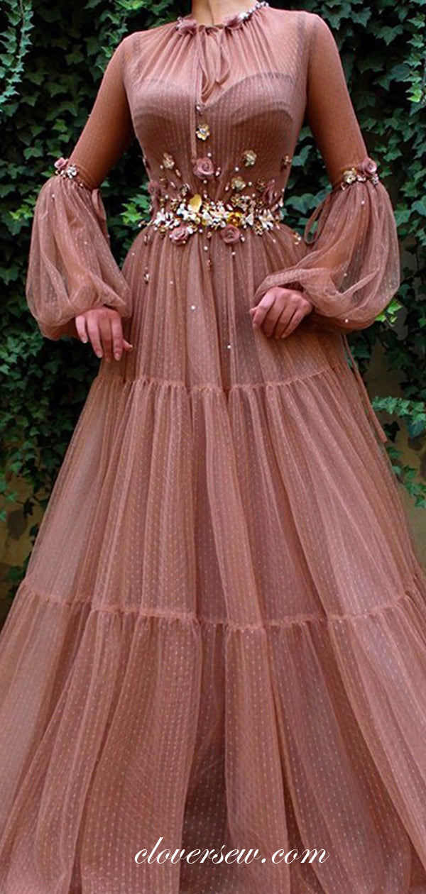 Unique Tulle Long Lantern Sleeves 3D Appliques A-line Prom Dresses,CP0151