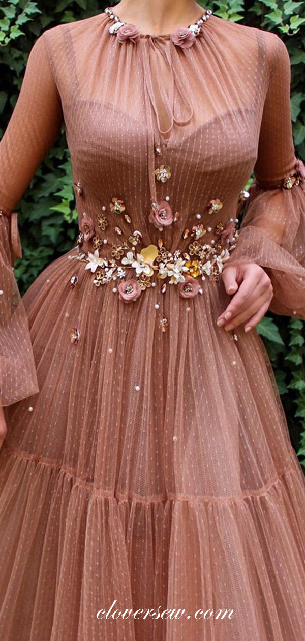 Unique Tulle Long Lantern Sleeves 3D Appliques A-line Prom Dresses,CP0151