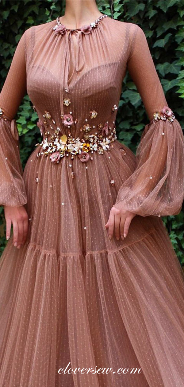 Unique Tulle Long Lantern Sleeves 3D Appliques A-line Prom Dresses,CP0151
