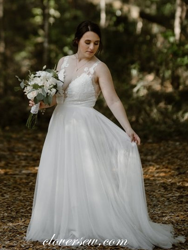 V-neck Illusion Back Lace Tulle White Plus Size Wedding Dresses, CW0228