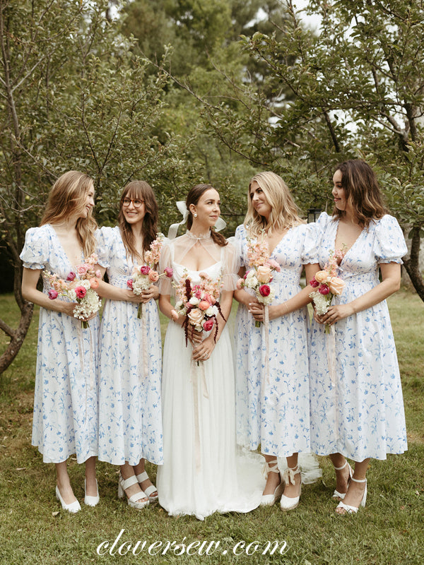 V-neck Short Sleeves Floral Printed Country Wedding Bridesmaid Dresses, CB0276