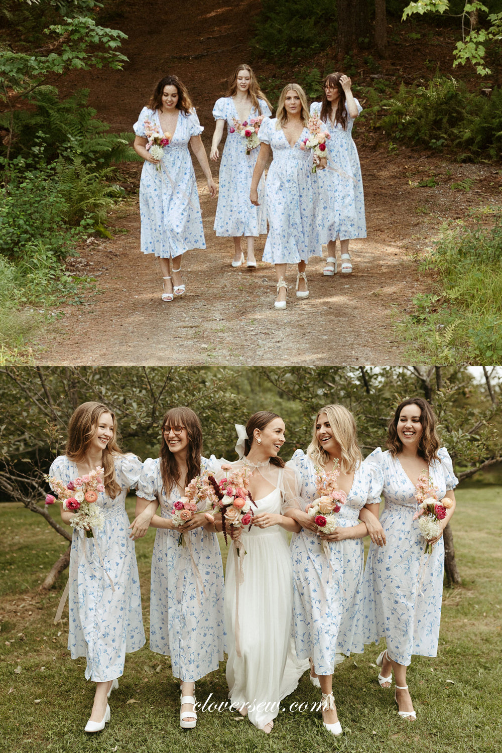 V-neck Short Sleeves Floral Printed Country Wedding Bridesmaid Dresses, CB0276