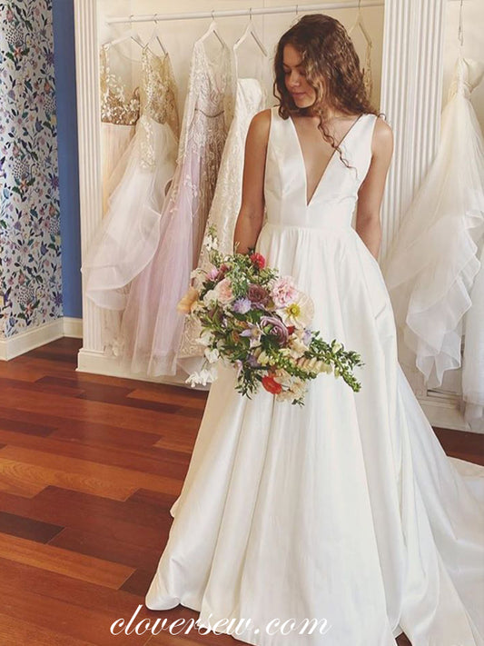 V-neck Sleeveless A-line Ivory Satin Simple Elegant Wedding Dresses,CW0145