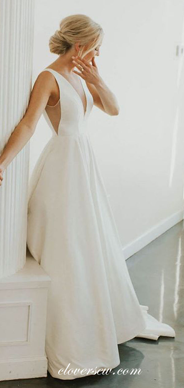 V-neck Sleeveless A-line Ivory Satin Simple Elegant Wedding Dresses,CW clover sew V-neck Sleeveless A-line Ivory Satin Simple Elegant Wedding Dresses,CW clover sew