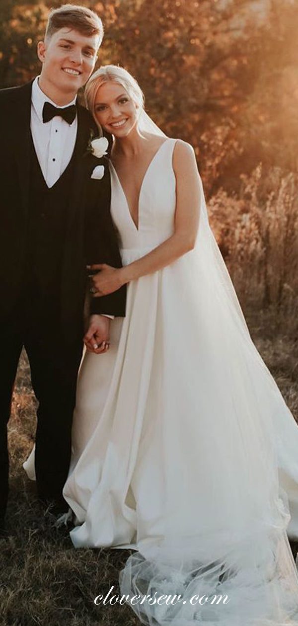 V-neck Sleeveless A-line Ivory Satin Simple Elegant Wedding Dresses,CW0145 US0 / As Pic