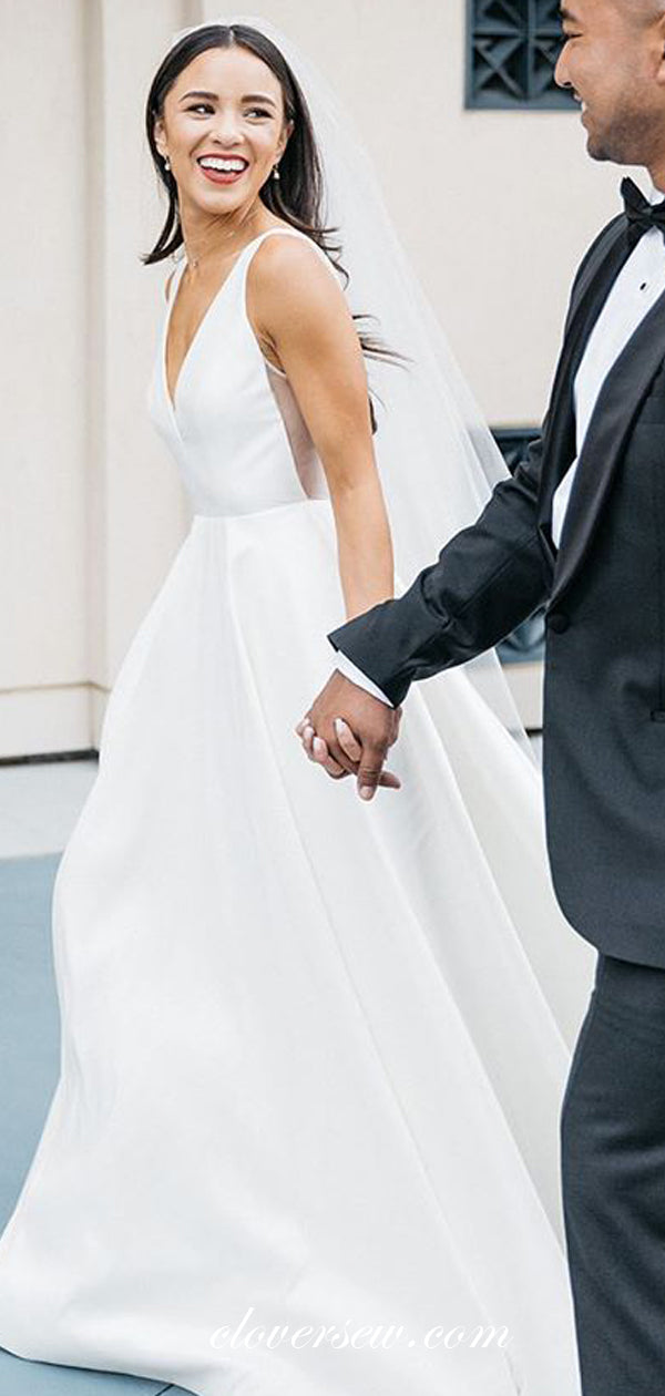 V-neck Sleeveless A-line Ivory Satin Simple Elegant Wedding Dresses,CW0145 V-neck Sleeveless A-line Ivory Satin Simple Elegant Wedding Dresses,CW0145