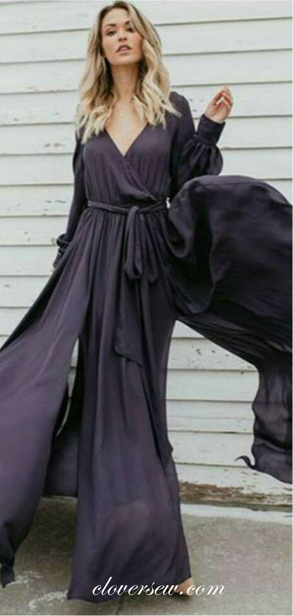 V-neck Long Sleeves Chiffon High Slit Prom Dresses,CP0002