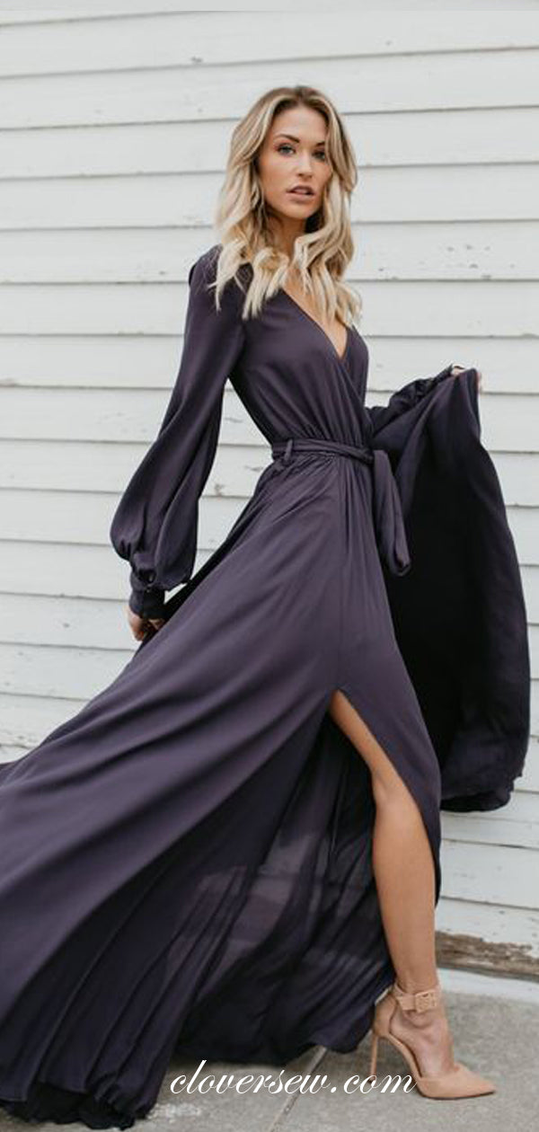 V-neck Long Sleeves Chiffon High Slit Prom Dresses,CP0002