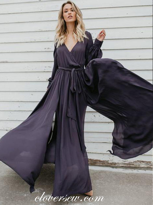 V-neck Long Sleeves Chiffon High Slit Prom Dresses,CP0002