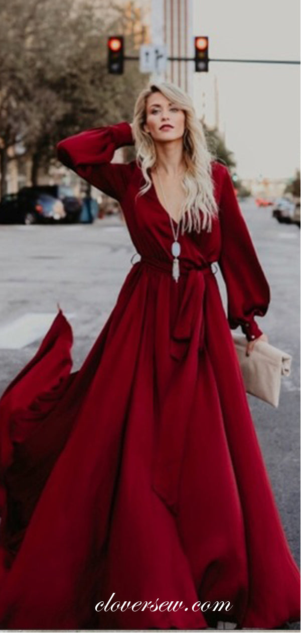 V-neck Long Sleeves Deep Red Chiffon High Slit Prom Dresses,CP0004