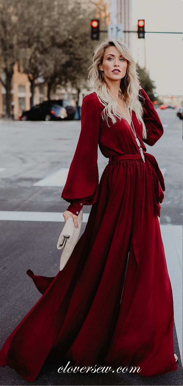 V-neck Long Sleeves Deep Red Chiffon High Slit Prom Dresses,CP0004