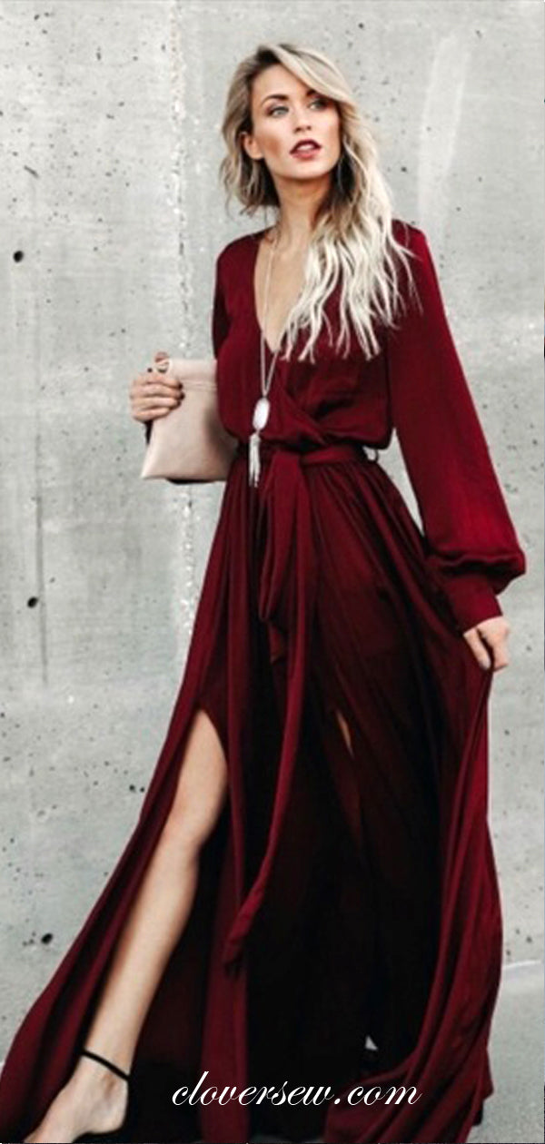 V-neck Long Sleeves Deep Red Chiffon High Slit Prom Dresses,CP0004